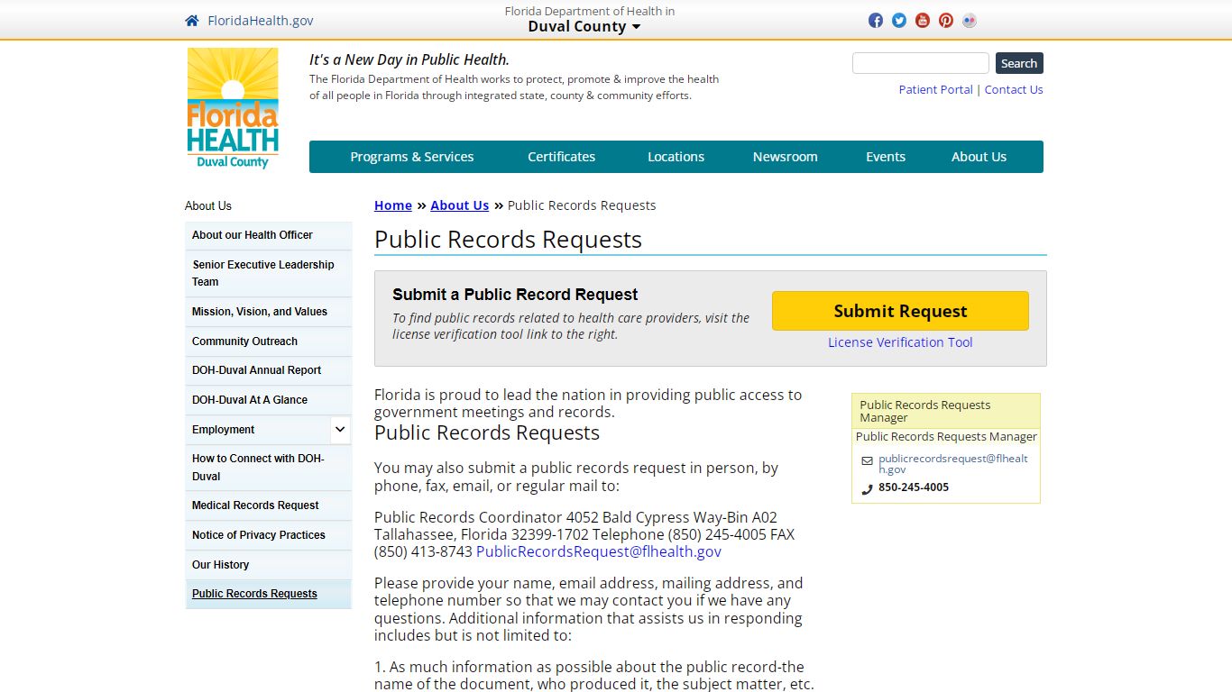 Public Records Requests | Florida Department of Health in Duval